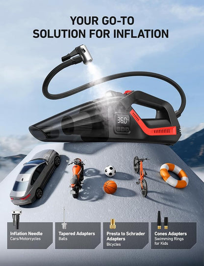 AstroAI 4-in-1 V3 12V DC High Power Handheld Car Vacuum Cleaner for Car,Home,Pet Hair Cleaning, 150 PSI 16.4FT Cord Digital Pressure Gauge & LED Light Portable Tire Inflator for Cars,Bikes,SUVs,Balls