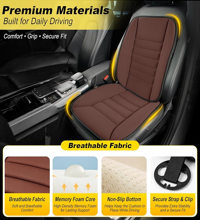 kingphenix 5-Piece Memory Foam Car Seat Cushion Set with Full Back Support Pillow, Comfort for Long Drives & Road Trips, Universal Automotive Comfort for Most Car, Van, Truck, SUV, Brown