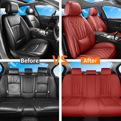 Burgundy Red Car Seat Covers Full Set, Luxury Faux Leather Red Seat Covers for Cars Front and Back Seats Protector, Waterproof Full Wrapped Covers Universal Fit for Most Cars Sedans SUVs