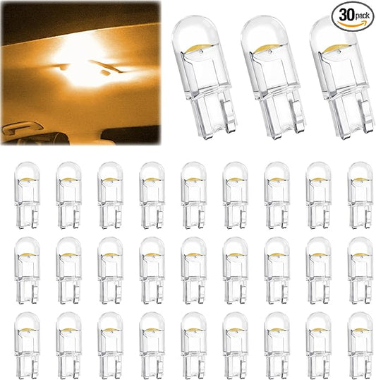 ecocstm 30 PCS Car 194 LED Bulbs, 168 2825 W5W T10 Wedge COB LED Replacement Bulb, Error Free Interior Bulb for Dashboard Light, Dome Lights (Yellow)