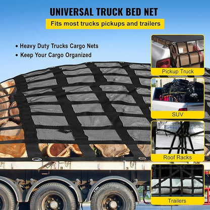 VEVOR Cargo Net with Mesh, 8' x 6.7' Cargo Net for Pickup Truck Bed, Heavy Duty Cargo Nets with Cam Buckles & S-Hooks & Cross Strap, Truck Bed Cargo Net for Trailer SUV Jeeps(96" x 80")