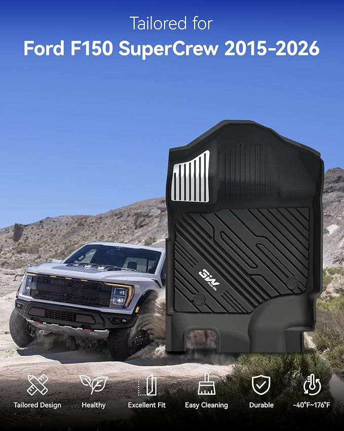 3W Floor Mats (with Metal Pedals) Fit for Ford F-150 2015-2026 & F150 Lightning 2022-2025 SuperCrew, TPE All Weather Car Mats Custom Fit Accessories (w/s Original fold Under-Seat Storage Box)