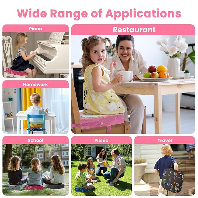 Toddler Booster Seat for Dining Table, 4" Kids Booster Seat for Kitchen Chair with Non-Slip Bottom, Portable Detachable Washable Increasing Cushion with 2 Adjustable Straps (Princess)