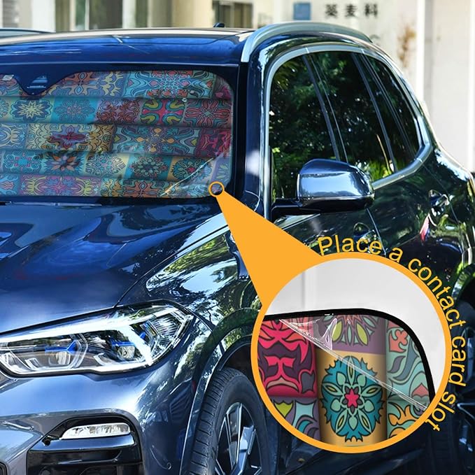 Boho Ethnic Car Windshield Sun Shade Bohemian Stripes Colorful Mandala Flower Foldable UV Ray Sun Visor Protector Sunshade to Keep Your Vehicle Cool (55" x 27.6")