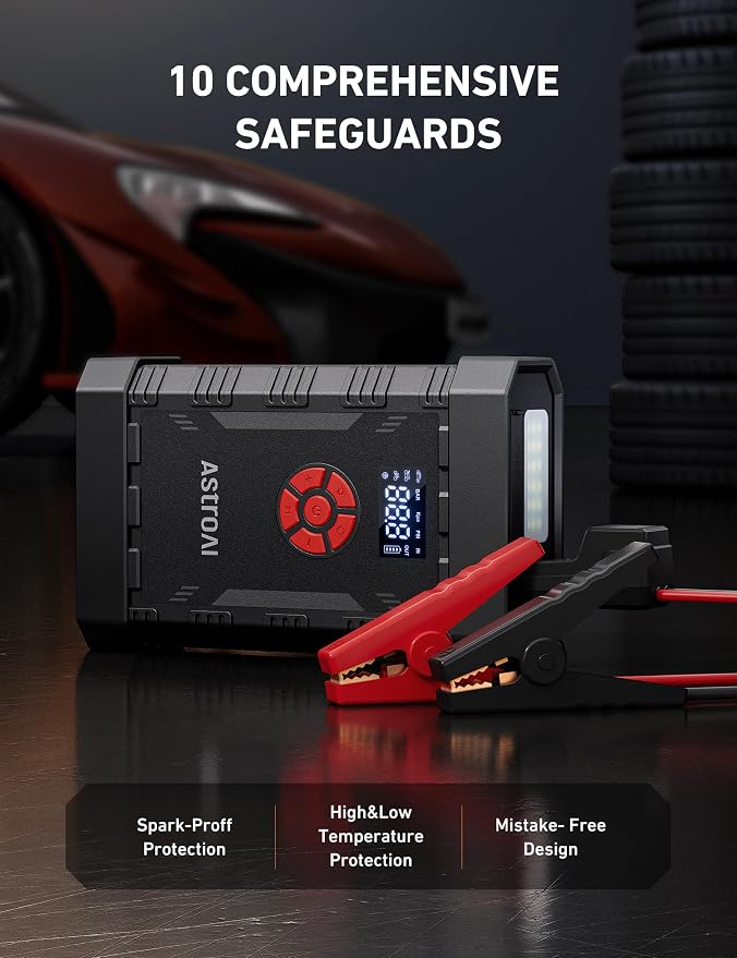 AstroAl A30 Jump Starter with Air Compressor, 4000A &150PSI Portable Car Battery Jump Starter (10.0 Gas/8.0LDiesel) with Tire Inflator, 12V Battery Charger, 18W Quick Charge, Jumper Cables, Lights