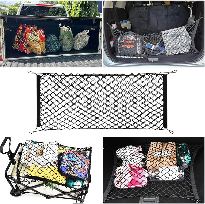 Cargo Net, Premium Dual-Layer Nylon Cargo Net for SUV, Automotive Exterior Accessories, Adjustable Elastic Trunk Net with Hook, Car Accessories for SUV, Truck, Pickup(43.3x15.7 Inch)