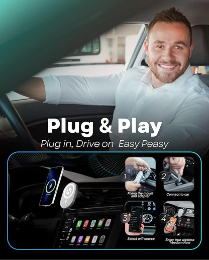 HexaCharge 4-in-1 Wireless Car Adapter – Works with Apple CarPlay and Android Auto, Magnetic Phone Mount with Wireless Charging, Converts Wired to Wireless for iPhone & Android