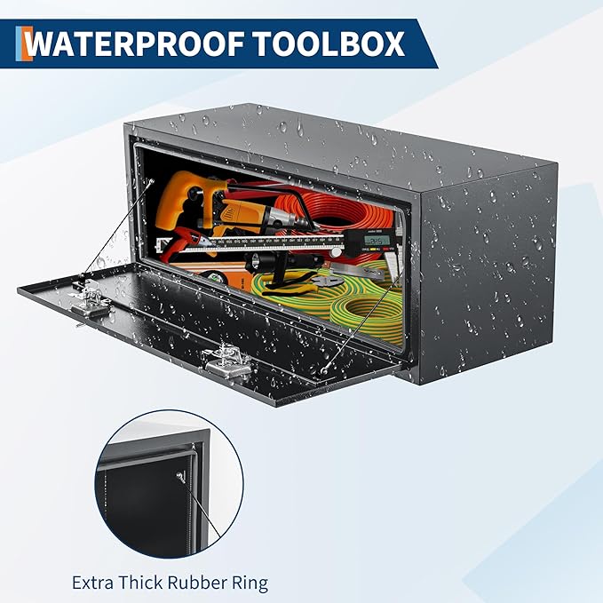 Black Steel Underbody Truck Box, Pickup Storage Box, Heavy Duty Diamond Plate Tool Box with Lock and Keys, Waterproof Trailer Storage Box (48" x 16" x 13"-Grey)
