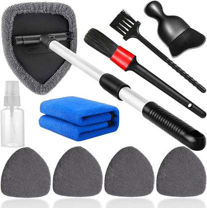 Qydipclin 10pcs Windshield Cleaning Tool Inside Car Window Cleaner Wash Kit with 4 Reusable Microfiber Pads 1 Spray Bottle and Extendable Handle Interior Auto Glass Wiper Kit, Gray