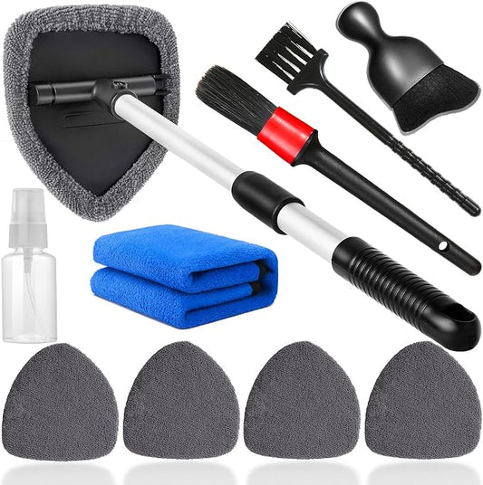 Qydipclin 10pcs Windshield Cleaning Tool Inside Car Window Cleaner Wash Kit with 4 Reusable Microfiber Pads 1 Spray Bottle and Extendable Handle Interior Auto Glass Wiper Kit, Gray