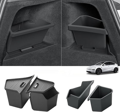 LUCKEASY Rear Trunk Storage Bins & Trunk Corner Up Storage Box for Tesla Model Y Juniper 2025 2026 Standard & Premium & Performance Cargo Side Box Accessories Black TPE
