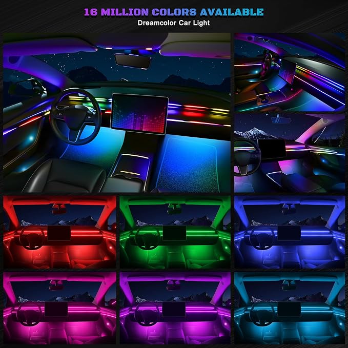 Dreamcolor Acrylic Interior Car LED Strip Light with Wireless APP, Dual Zone RGB 18 in 1 with 175 inches 593 LEDs Fiber Optic Neon Strip Lights for Car, Music Sync Neon Car Ambient Lighting Kits