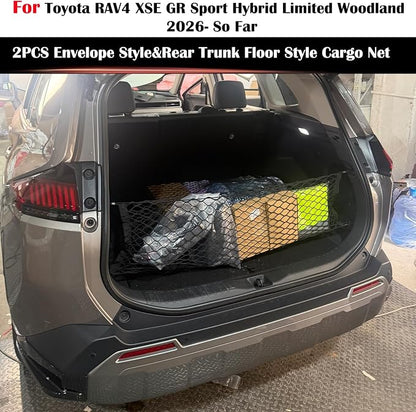 2 Pcs Trunk Organizer Cargo Net Suitable for 2026 Toyota RAV4 Hybrid LE Limited SE Woodland Edition XLE Premium XSE Plug-ln GRSport,Envelope Style&Rear Trunk Floor Style Cargo Net Car Trunk