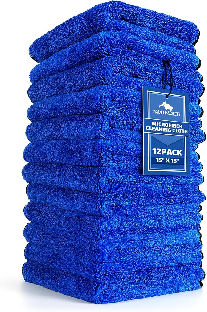 SMINDER 12-Pack Microfiber Cleaning Cloth, Car Drying Towels Car Detailing– XL Microfiber Towels for Cars, Trucks (15.7" x 15.7"), Ultra-Absorbent, Streak-Free, Scratch-Free, No Water Spots