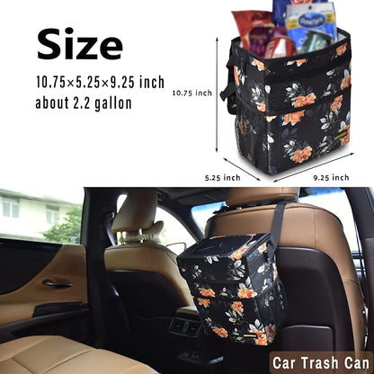 SIBOFUEGO Cute Car Trash Can with Lid – Multipurpose Collapsible Trash Bin for Car, Leak-Proof Organizer, Waterproof Garbage Can with Storage Pockets & Adjustable Straps, 2 Gallons (Flower)