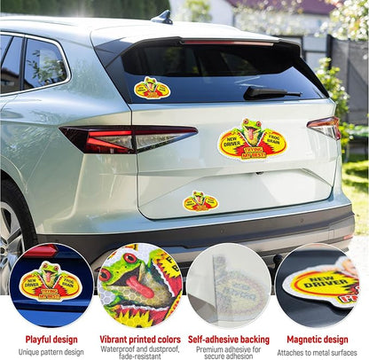 3 Pcs Reflective Student Driver Magnet and Stickers Set - Funny Animal New Driver Safety Signs for Car, Waterproof & Weatherproof High Visibility Vehicle Bumper Decals, Magnet + Stickers (Tree frog)
