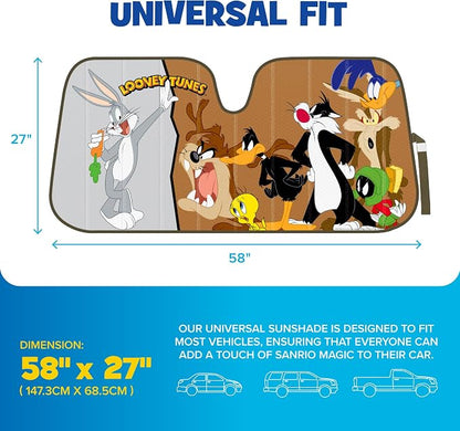Looney Tunes Car Windshield Sun Shade for Front Window, Officially Licensed Car Sun Shade with Bugs Bunny Taz Daffy Duck and Friends Graphic, Accordion Style Sun Visor Sunshade for Car Windshield