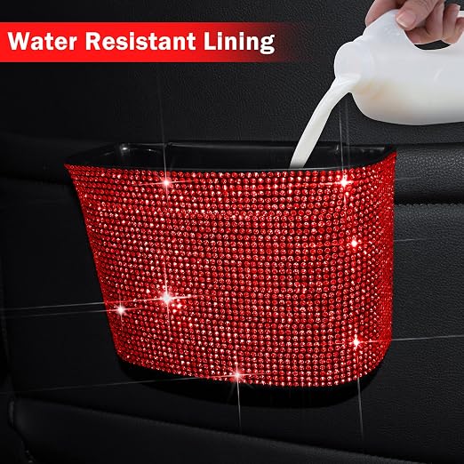 Cavalcade Car Trash Can, Hanging Trash Bin, Leakproof Garbage Organizer, Bling Vehicle Waste Basket, Mini Dustbin Container with Clip for Car, Office, Kitchen, Bedroom, Home and More, Red, Small