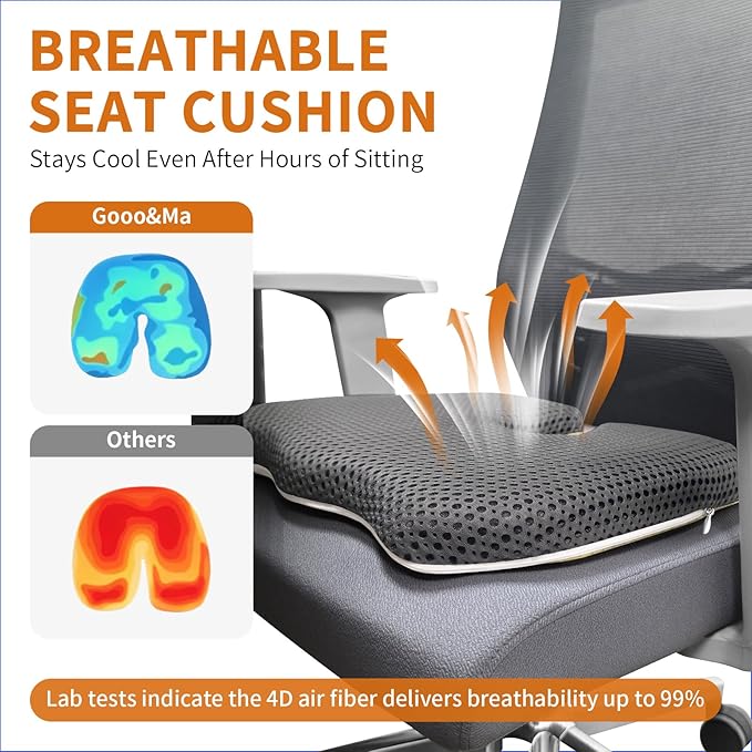 Gooo&Ma Car Seat Cushion & Office Chair Pad - Air Fiber Breathable U-Shape Cooling Cushion for Tailbone Comfort, Driving, Desk & Gaming, Ergonomic Washable Seat Pad with Non-Slip Base(Grey)