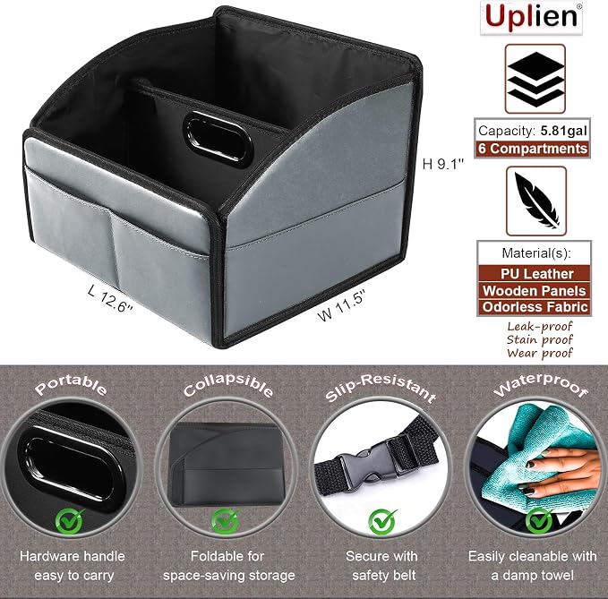 Car Storage Organizer [2025 UPDATED] Leather Car Caddy Basket for Front Seat Floor Back Seats Metal Handle 6 Compartments Adjustable Strap Buckles Slip-Resistant (Gray)