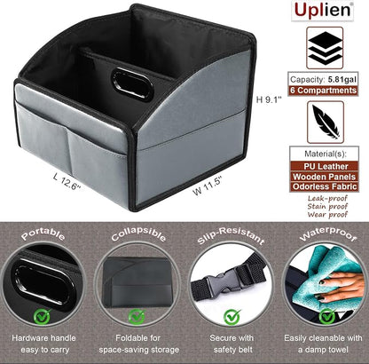 Car Storage Organizer [2025 UPDATED] Leather Car Caddy Basket for Front Seat Floor Back Seats Metal Handle 6 Compartments Adjustable Strap Buckles Slip-Resistant (Gray)