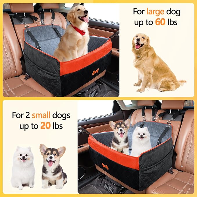 Dog Car Seat for Medium Large Dogs, Detachable Washable Pet Booster Seat with Memory Foam Cushion, Side Pockets, 2 Clip-On Safety Leashes Pet Car Seat for Dog Up to 60 lbs/2 Small Dogs-Black