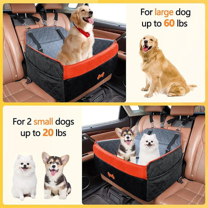 Dog Car Seat for Medium Large Dogs, Detachable Washable Pet Booster Seat with Memory Foam Cushion, Side Pockets, 2 Clip-On Safety Leashes Pet Car Seat for Dog Up to 60 lbs/2 Small Dogs-Black
