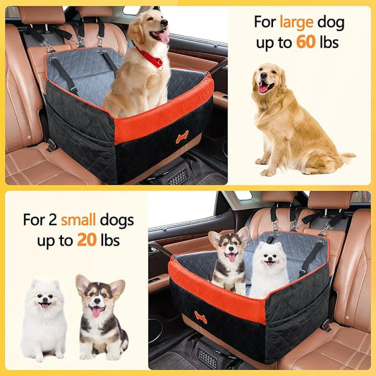 Dog Car Seat for Medium Large Dogs, Detachable Washable Pet Booster Seat with Memory Foam Cushion, Side Pockets, 2 Clip-On Safety Leashes Pet Car Seat for Dog Up to 60 lbs/2 Small Dogs-Black