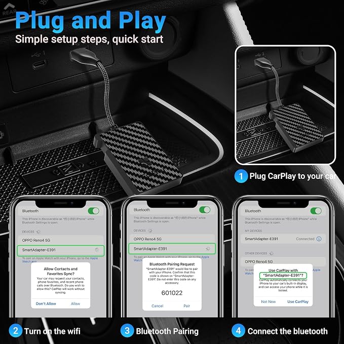 Apple CarPlay Wireless Adapter, Convert Wired CarPlay to Wireless, Bluetooth CarPlay Adapter for iPhone, Auto Connect Plug & Play Supports USB-A & USB-C, Compatible with 2016+ Cars & iOS 10+, Black