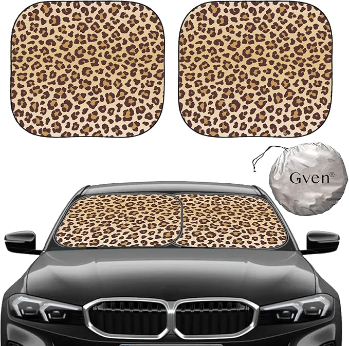 GVEN Windshield Sun Shade Car Sunshade Truck Accessories Large-Size Front Window Shades Windshield Cover Visor for Full-Size MPVs, Vans, Trucks, SUVs, Tesla (Leopard, L)