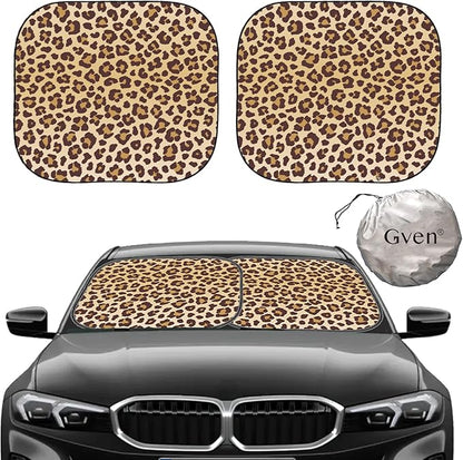 Gven Windshield Sun Shade 2pcs with Bonus Car Sunshade for Front Window Shades 2025 Technology Reflect UV and Heat Sun Visor Automotive Interior Sun Protection (Leopard, S)