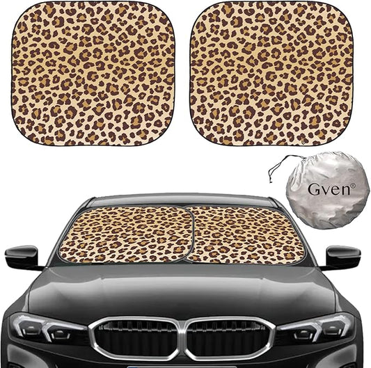 Gven Windshield Sun Shade 2pcs with Bonus Car Sunshade for Front Window Shades 2025 Technology Reflect UV and Heat Sun Visor Automotive Interior Sun Protection (Leopard, S)