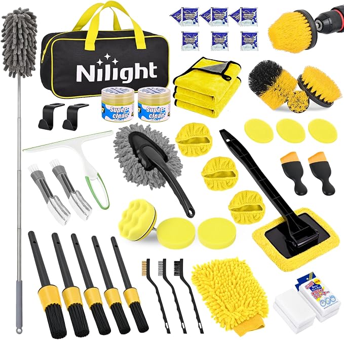 Nilight 52PCS Car Detailing Kit Auto Cleaning Tools Wash Set with Storage Carry Bag Home Use for Interior Exterior Deep Clean Polish Car Care Windshield Dashboard Seat Air Vents Wheels Tires, Yellow