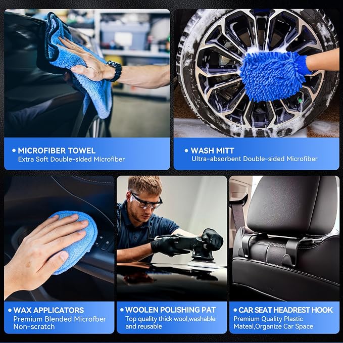 COOGEO 29Pcs Car Detailing Kit,Compelete Car Cleaning Kits Interior Cleaner with Detailing Brushes,Drill Brush Heads,Car Wash Kit with Cleaning Gel,Wash Mitt,Car Hooks,Car Care Gift for Men