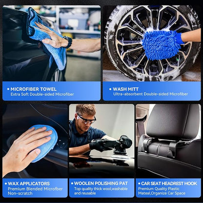 COOGEO 29Pcs Car Detailing Kit,Compelete Car Cleaning Kits Interior Cleaner with Detailing Brushes,Drill Brush Heads,Car Wash Kit with Cleaning Gel,Wash Mitt,Car Hooks,Car Care Gift for Men