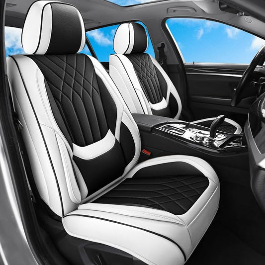Black White Car Seat Covers Front Seats, Luxury Leather Automotive Seat Covers with Lumbar Support, White Car Inner Accessories Seat Protector Universal Fit for Most Cars Trucks Pick-ups SUVs