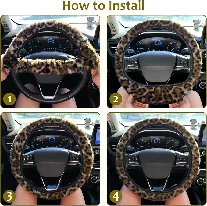 Accmor Fuzzy Steering Wheel Cover, Leopard Fluffy Car Wheel Cover for Women Men, Soft Furry Vehicle Steering Wheel Protector Warm Non-Slip Car Accessories 15 inch Universal Fit Auto, Suvs, Truck