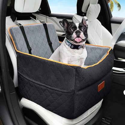 HEGGCOOE Small Dog Car Seat, Memory Foam Dog Booster Seats with Thick Cushion for Medium Dogs Under 35lbs, Detachable Washable Pet Car Seat Bed with Storage Pockets,2 Safety Belts