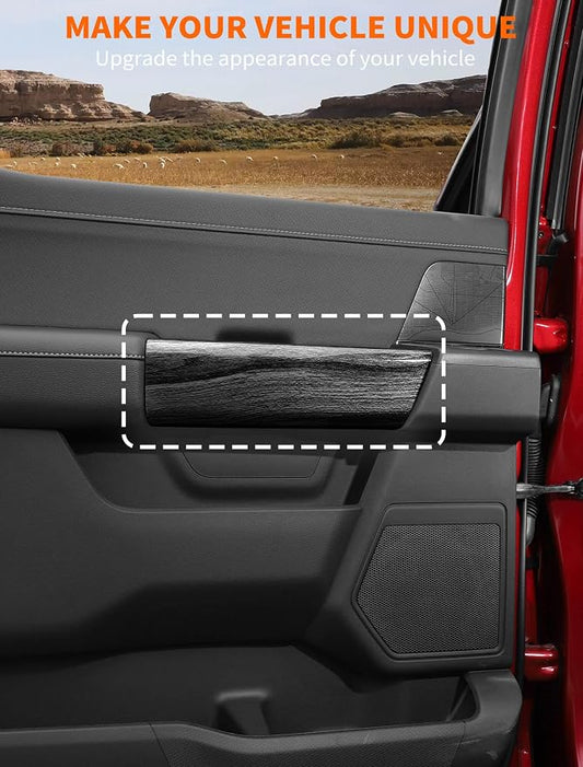 Savadicar Black Wood Grain Interior Accessories - Rear Door Handles Trim Cover for Ford F150 (2021-present) - Premium Texture Interior Decor Upgrade Kit, 2-Piece Set