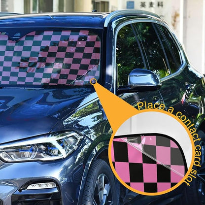 Checkerboard Pink Black Squares Windshield Sun Shade for Car Auto SUV Truck Foldable Front Window Sunshade Sun Visor Protector Block UV Rays Reflect Heat, 55" x 28"