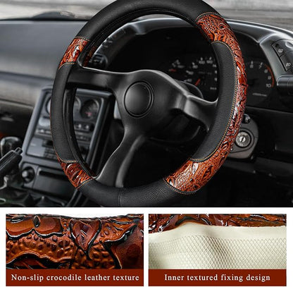 Leather Car Steering Wheel Cover, 15" Crocodile Pattern Anti Slip Car Wheel Wrap with Rose Grain, Four Seasons Universal Auto Steering Wheel Protector for Cars Trucks SUVs (Brown & Black)