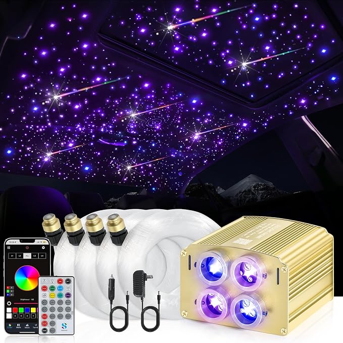 Car Starlight Headliner Kit, 4 Colors 32W Twinkle & Meteor Fiber Optic Shooting Stars Lights, 2 in 1 Light Engine 1200pcs*0.03in*13.1ft+240 RGBW 4 Port Ceiling Starlights for Car Home Roof Décor