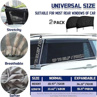Car Rear Window Screens for Side Windows, 2 Pack Side Window Sun Shades,Stretchy Mosquito Net Cover Fit Cars SUVs - Up to 36.22”x55.1”
