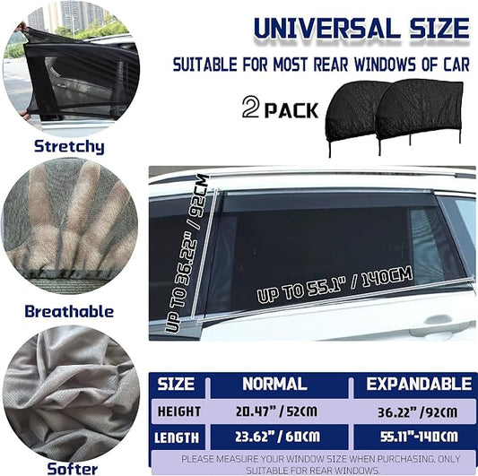 Car Rear Window Screens for Side Windows, 2 Pack Side Window Sun Shades,Stretchy Mosquito Net Cover Fit Cars SUVs - Up to 36.22”x55.1”