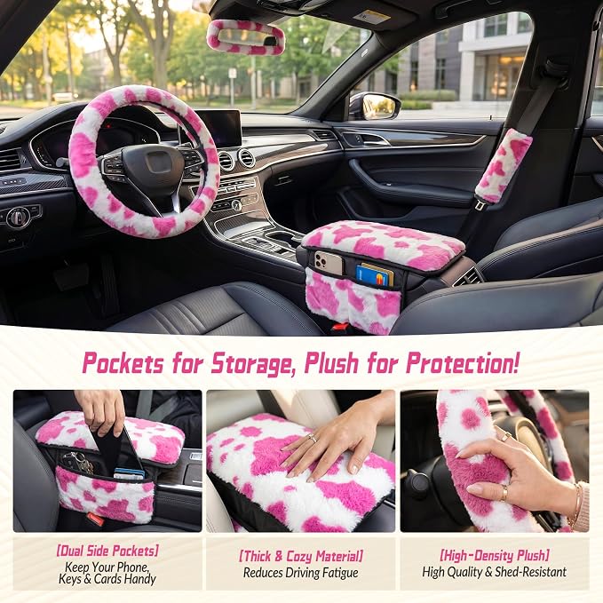 5 Pcs Fuzzy Cow Print Car Accessories Set, Soft Fluffy Plush Steering Wheel Cover, Center Console Armrest Pad & Rearview Mirror Cover - Interior Decorations for Women,Universal Fit (Pink Cow)