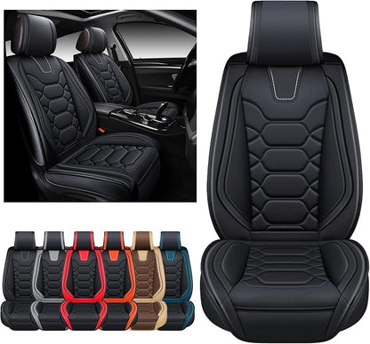 OASIS AUTO Car Seat Covers Front Seats, Sporty Honeycomb Waterproof Faux Leather Protectors, Universal Fit for SUV, Sedan, Truck Interior Accessories (OS-004 Black)