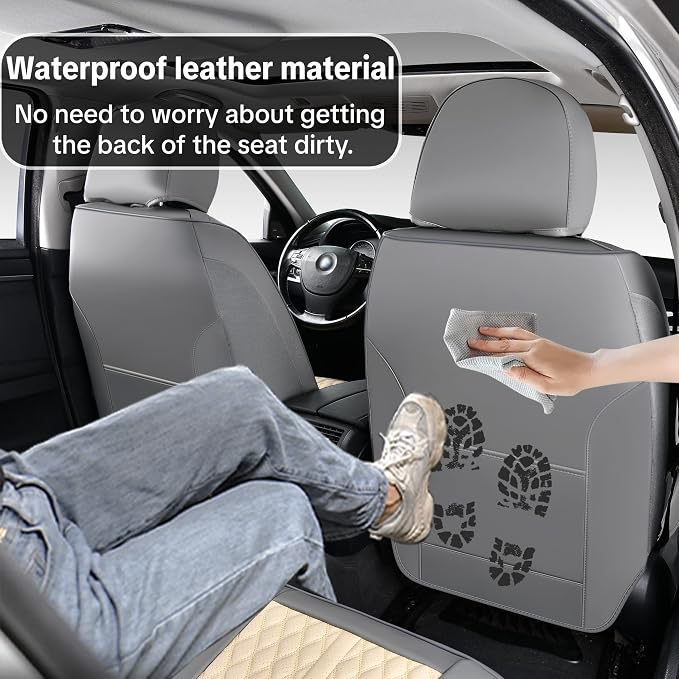 Khaki Car Seat Cover Complete Set, Universal Car Seat Cover for Car with Lumbar Support, Premium Artificial Leather, Waterproof and Easy to Clean, Airbag Compatible, Seat Heating Compatible