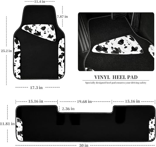 CAR PASS Waterproof Universal 3Pcs Car Floor Mats, Cow Print Car Mats Fit for SUV,Vans,sedans, Trucks,Set of Vehicles Car Carpet with Driver Heel Pad and Nibs Backing, Cute Women Girly (Black White)