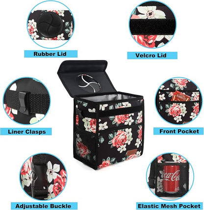Femuar Car Trash Can Leak Proof Car Trash Bag Waterproof Car Garbage Can with Lid Collapsible and Portable with Storage Pocket, Large/Flower, 3 Gallons