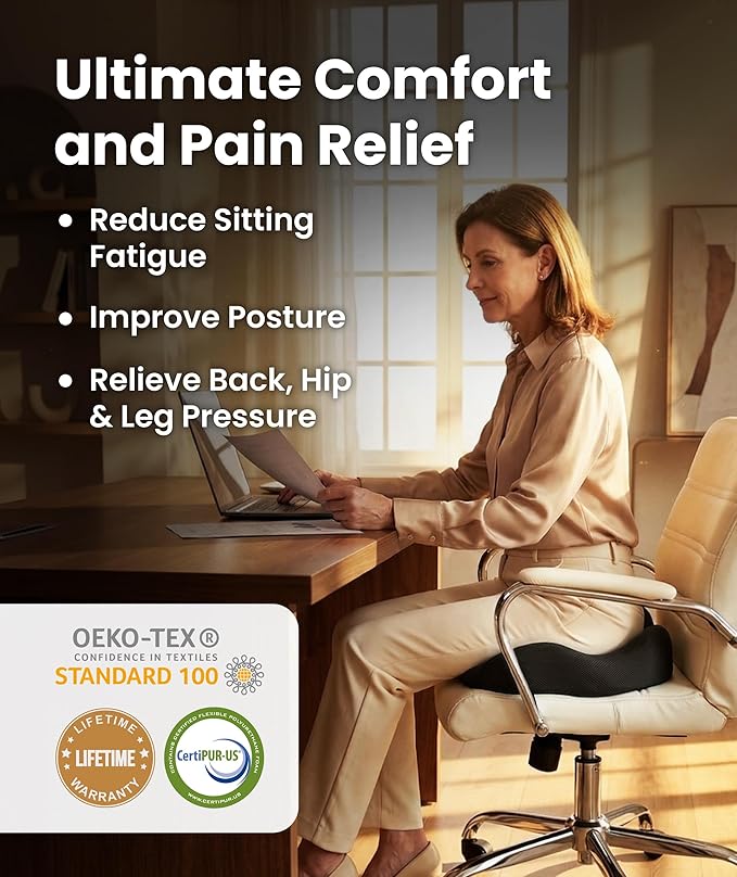 Elevate Series by Everlasting Comfort Doctor Recommended Memory Foam Seat Cushion for Office Chairs & Car - Ergonomic Desk Accessories - Cushions for Tailbone Pain Relief (Charcoal Black, Large)
